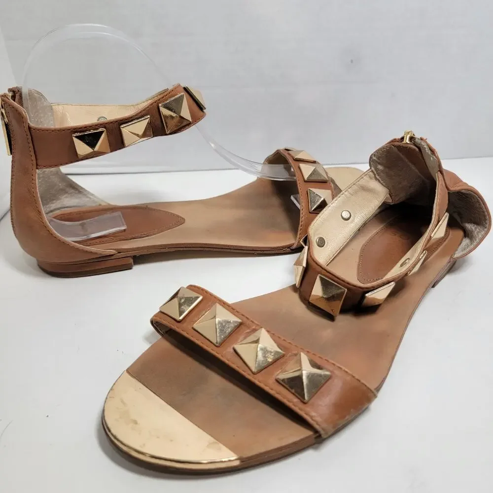 Isola Sandal 7.5 Ankle Strap Flat Gold Stud Spike Grommet Brown Zip - Picture 1 of 7
